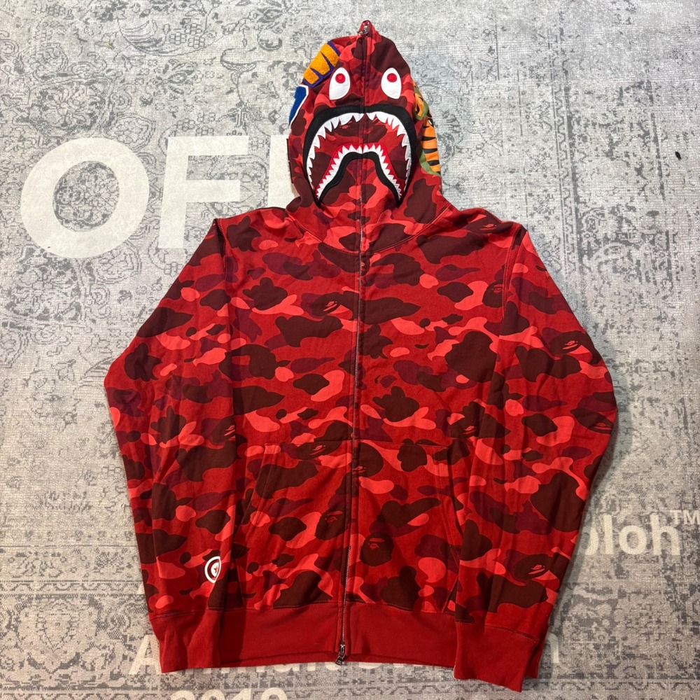 A Bathing Ape BAPE Shark Full Zip Hoodie Red Color Camo Mens XL Streetwear EXCL